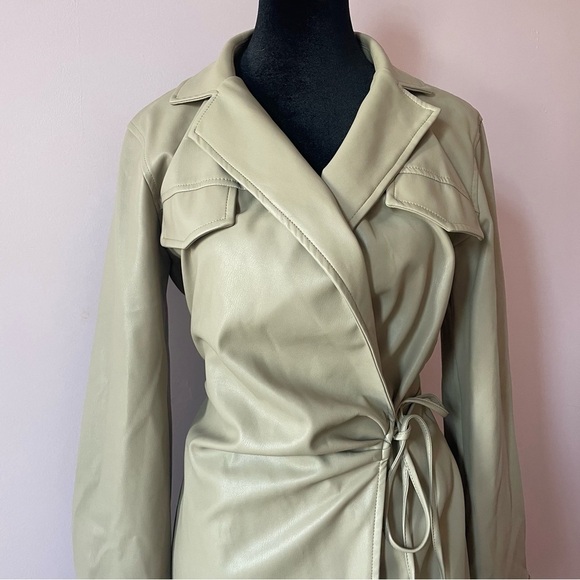 Zara - Beige Tan Camel Faux Leather Self Tie Long Sleeve Wrap Mini Dress Size XS - Picture 6 of 11